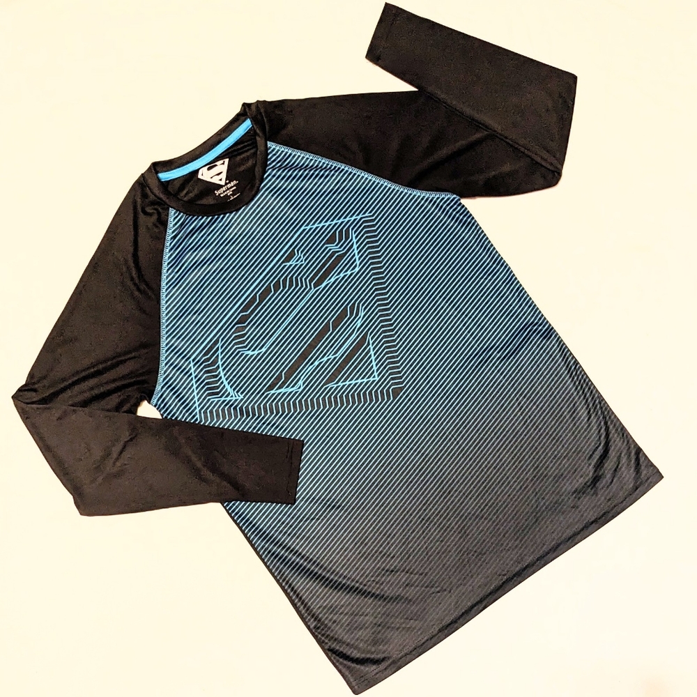 Superman Athletic Shirt Long Sleeve Black and Blue Stripes Superman Graphic Lg